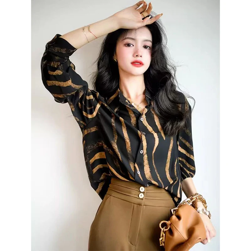 Women Korean Fashion Loose Striped Satin Polo-Neck Long Sleeve Shirts Women Clothes All-match Appear Thin Office Lady Tops