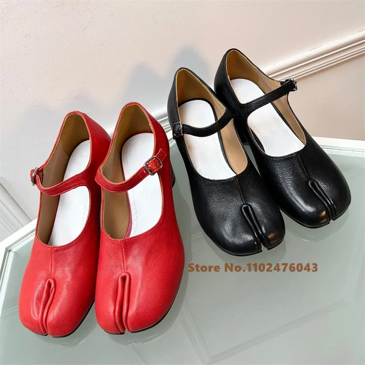 Red Buckle Strap Split Toe Heel Pumps Black Tabi Ninja Shoes Women Round Toe Party Wedding Sexy Thick High Heels Shallow Sandals