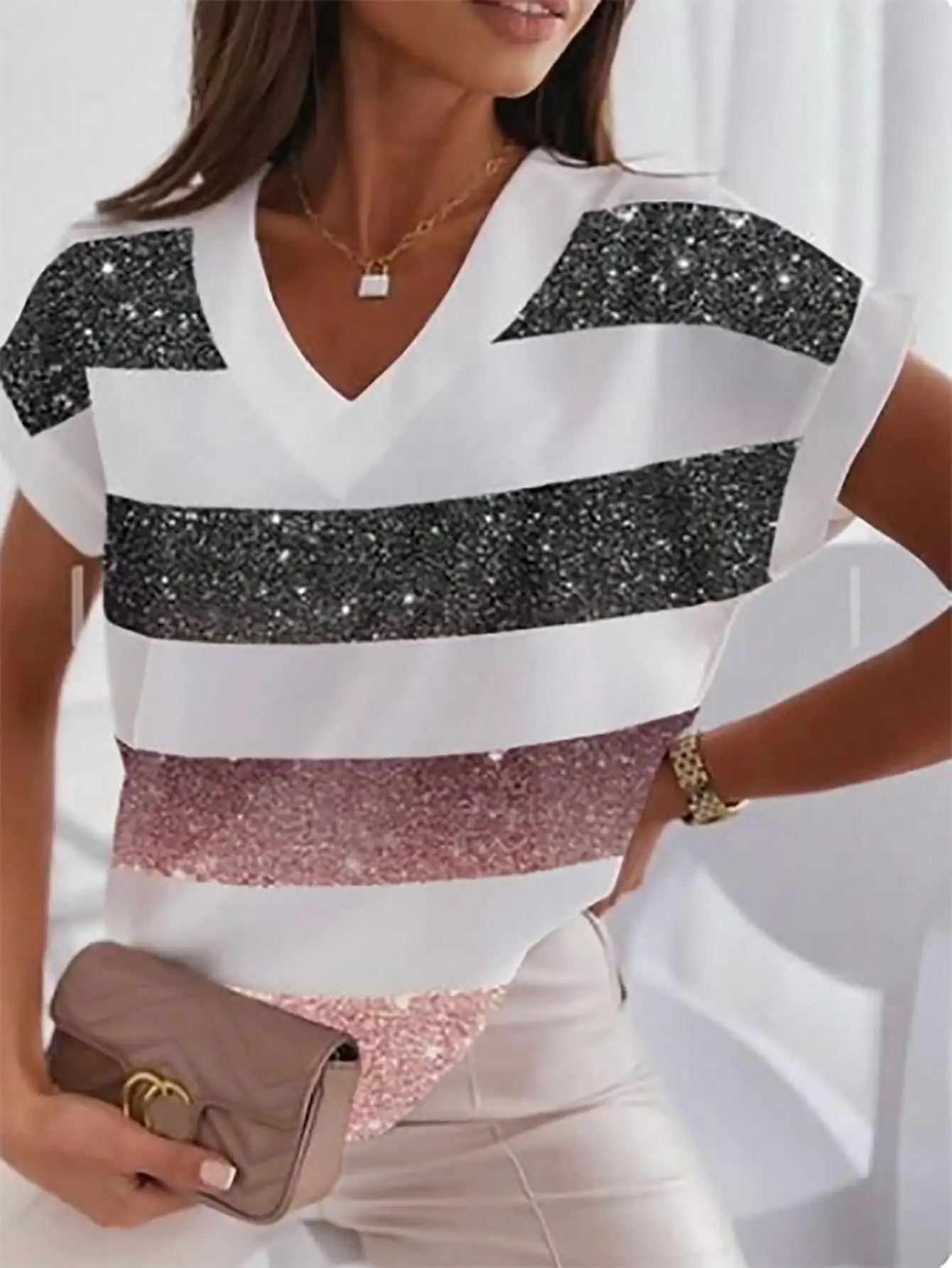 Women Glitter Gradient Stripe V Neck T-Shirt, Rolled Cap Sleeve Loose Curved Hem Casual Sparkly Blouse