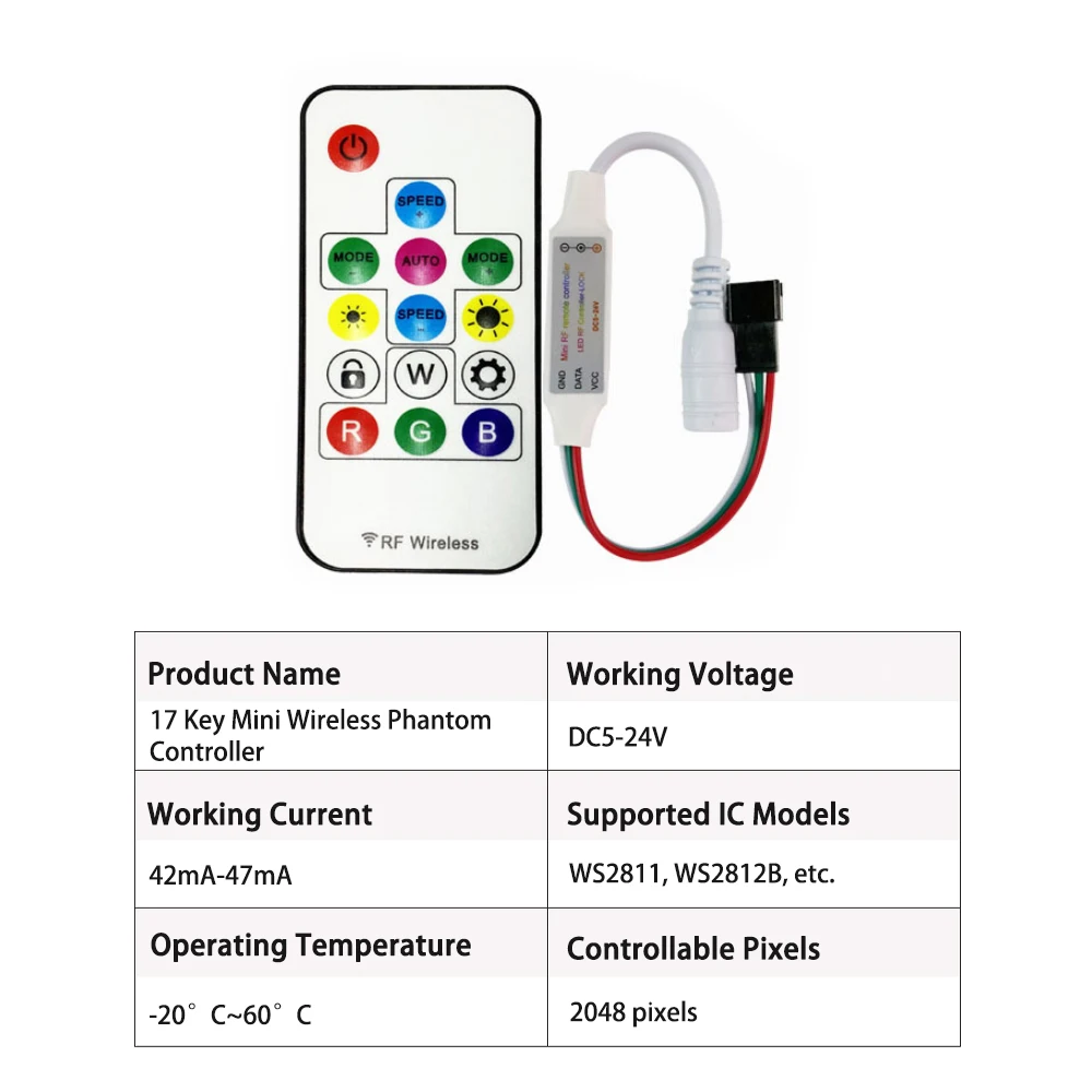 Wireless RF Mini LED Strip Controller Full-Color RGB 14-Key Remote WS2811/2812 Compatible for Home Decorative Lighting Control