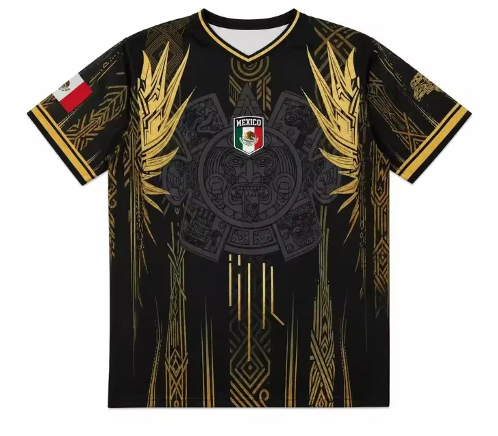 New Men's Mexican Fan Football Jersey Aztec Pyramid Ethnic Pattern V-neck Mesh Breathable Quick Dry Short Sleeved Sports T-shirt