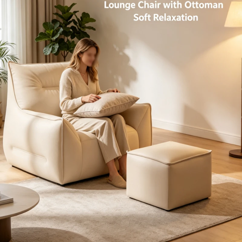 Bean Bag Armchair With Matching Ottoman And Soft Leather Finish For Living Room And Study Comfort
