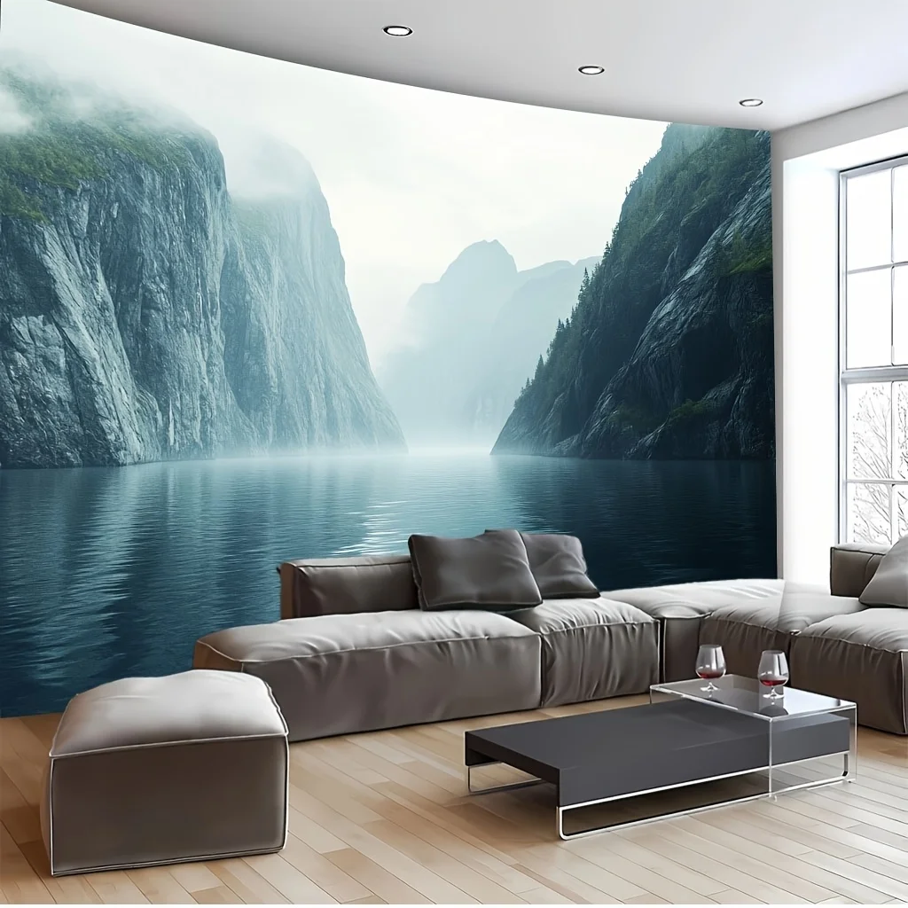 Fjord Tapestry Polyester Large Wall Hanging Misty Cliffs Calm Water Nature Art Decor Bedroom Living Room Office