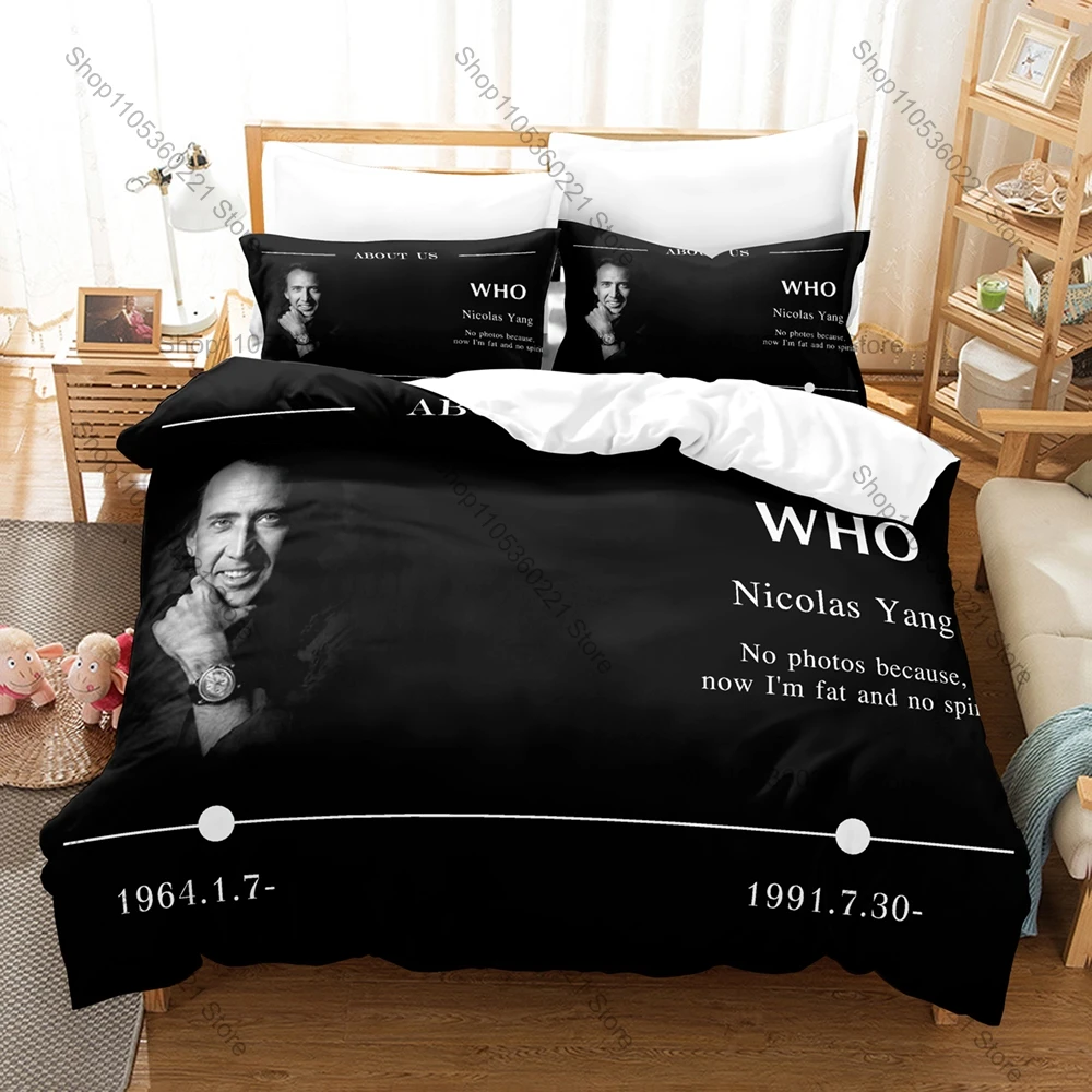 Cool Nicolas Cage Themed Duvet Cover + 2 Pillowcases, Funny Meme Face Graphic Bedding Set Home Dorm Decoration for Film Enthusia
