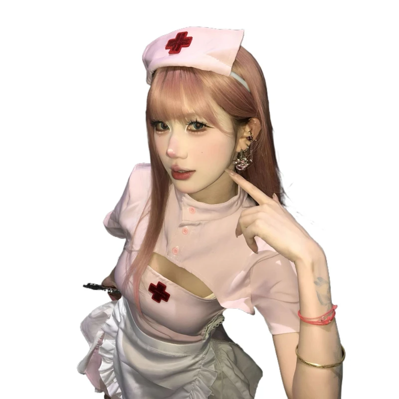 

Sexy Nurse Cosplay Costume Halloween Short Skirt Maid Set Doctor Role Play Uniform Temptation Bandage Hollow Out Dress Apron Set