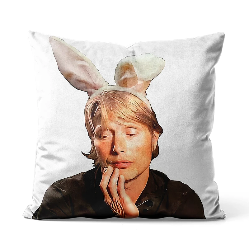 Gaslight Gatekeep Girlboss Mads Mikkelsen with Bunny Ears Throw Pillow Covers Cushion Cases Pillowcases for Sofa 45cm x 45cm