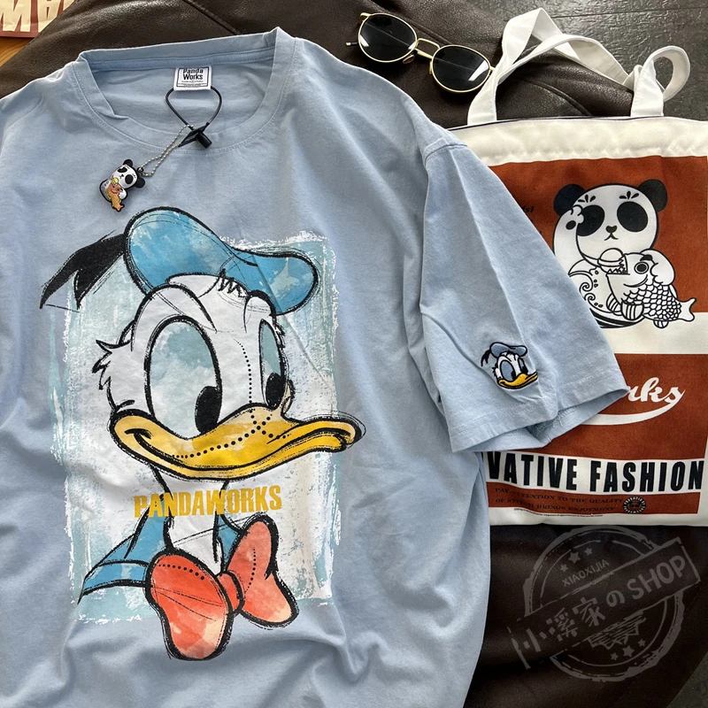 Disney Donald Duck Trendy T Shirts for Women Cotton Short Sleeve Casual Loose White Gray Summer Women's Shirts Tops