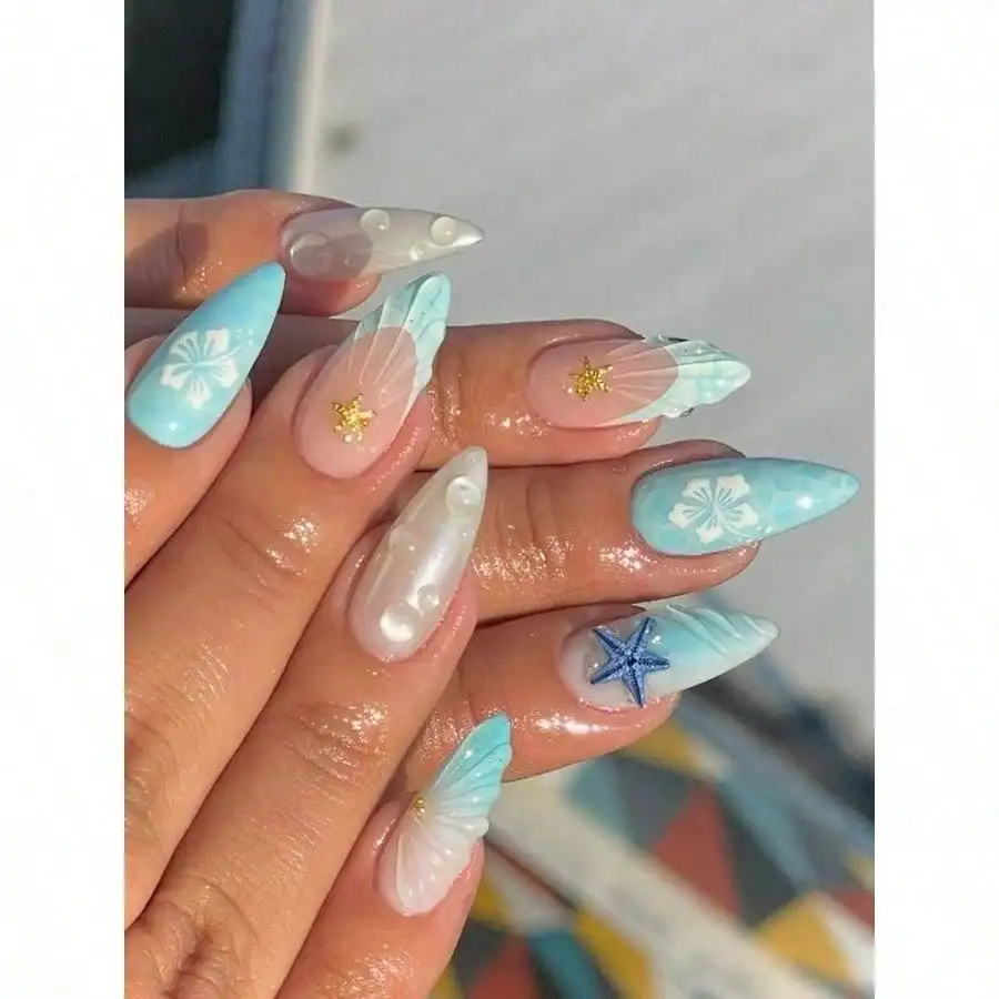 

24Pcs/Set French Almond Shaped Ocean Style Elegant 3D Fresh Lemon Flower Gradient Polka Dot Sweet Press-On Full Cover Fake Nails With 1Pc Jelly Gel And 1Pc Nail File, Adding A Romantic Touch To Make You Look Sweet, Suitable For Daily Dates Nail Supplies