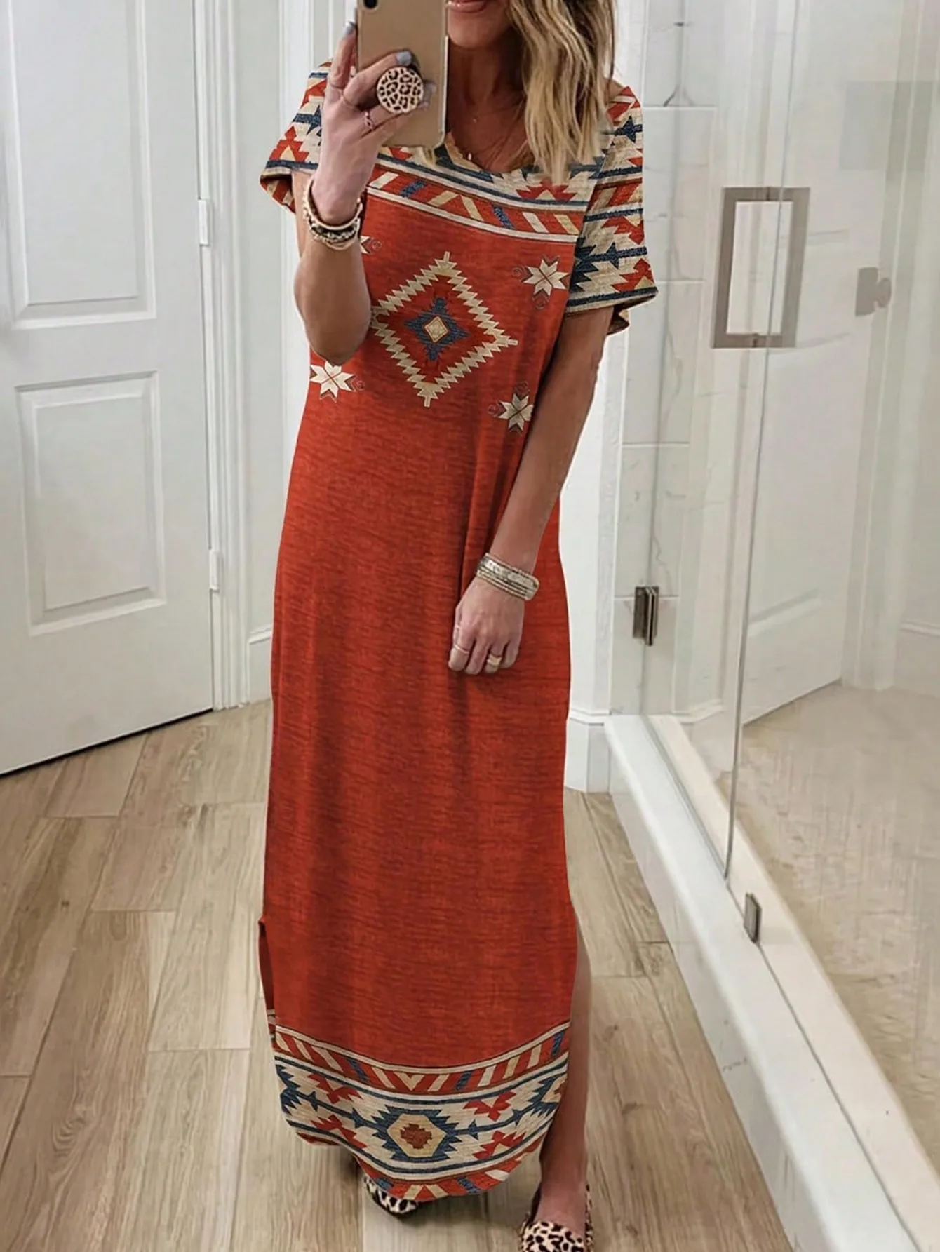 Women\'s ethnic holiday casual style geometric print casual short sleeve knitted long dress
