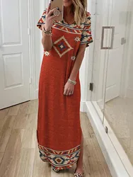 Women's ethnic holiday casual style geometric print casual short sleeve knitted long dress