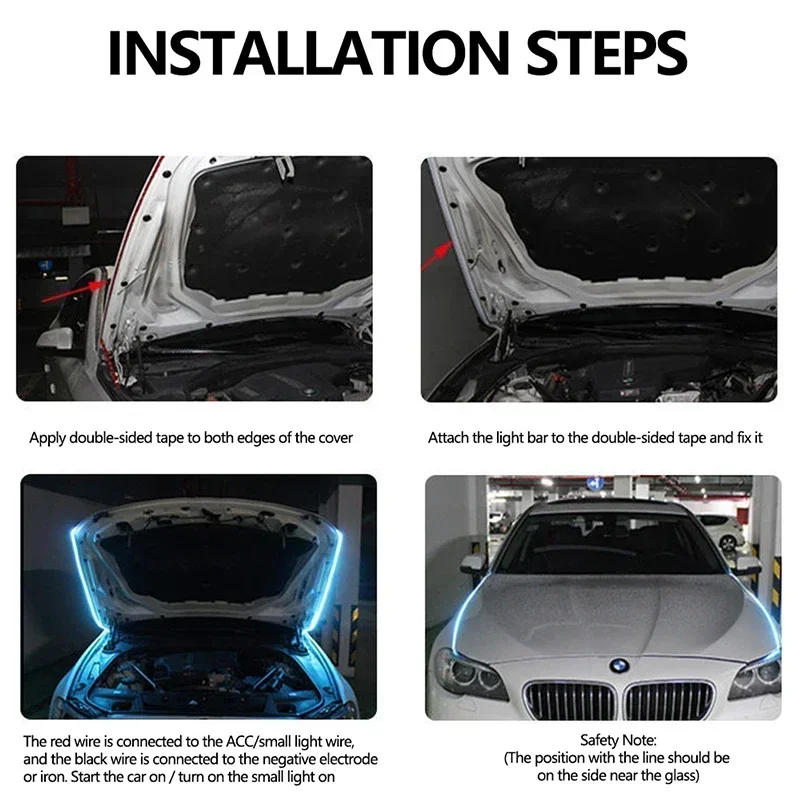 Fita de Luz LED Flexível para Capô de Carro 120cm 150cm 180cm, Luz Diurna Decorativa Automotiva, Lâmpadas de Ambiente DRL 12V