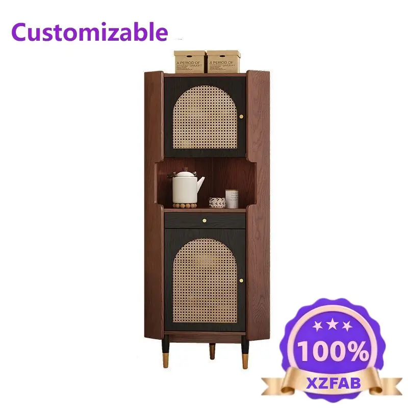 Factory Direct 2026 Retro color matching solid wood rattan corner cabinet, medieval shelf corner triangle cabinet in living room