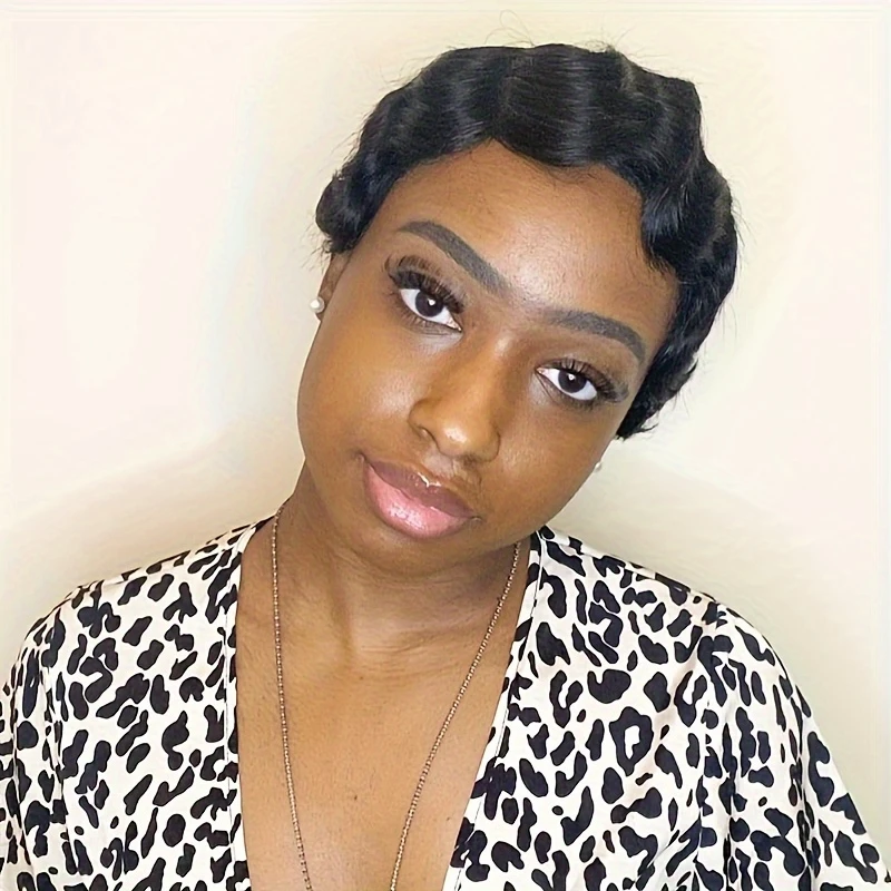 

Short Finger Wavy Wig Full Machine Made Wig Wavy Wig for Women Short Pixie Cut Wigs Human Hair Wig For Women