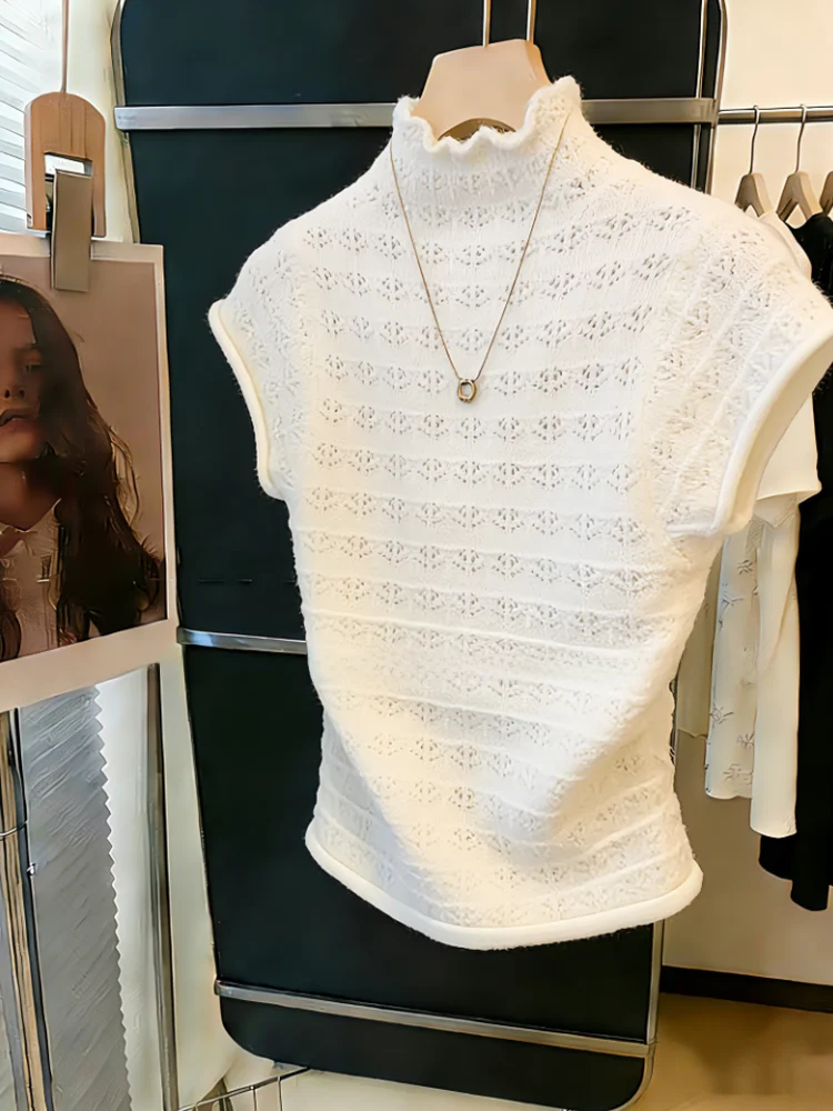

Slim Fit Knitted Sweater with Hollow out Design Half High Collar Small Fly Sleeve Women's Summer Style Korean Version Straigh...