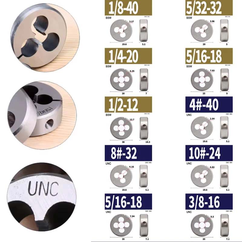 UNC BSW 4#-40 6#-32 8#-32 10#-24 1/2-13 1/4-20 3/8-16 5/16-18 1/2-12 1/4-20 1/8-40 3/8-16 3/16-24 5/16-18 5/32-32 Thread Dies