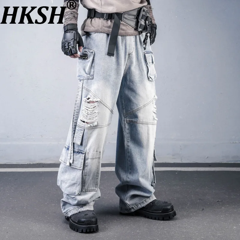 

HKSH Niche Waste Land Style Dark Retro Ripped Jeans Men Loose Wide-leg Pockets Spring Summer New High Street Denim Pants HK21588