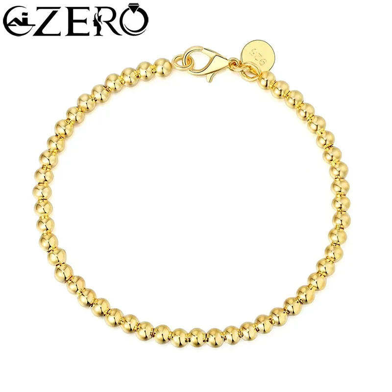 Dla kobiet 925 Sterling Silver 4mm Bead Gold Color Chain Bracelet Cute Wedding Lady Fashion Charm Biżuteria Prezent urodzinowy