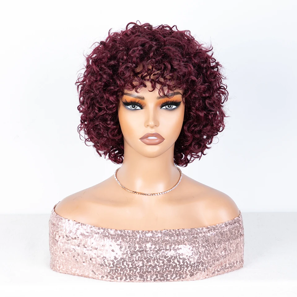 Short Pixie Cut Curly Wigs 100% Real Ready To Wear 4 # Colored Brazilian Hair WIgs 99j Red Colored Human Hair Wigs For Women