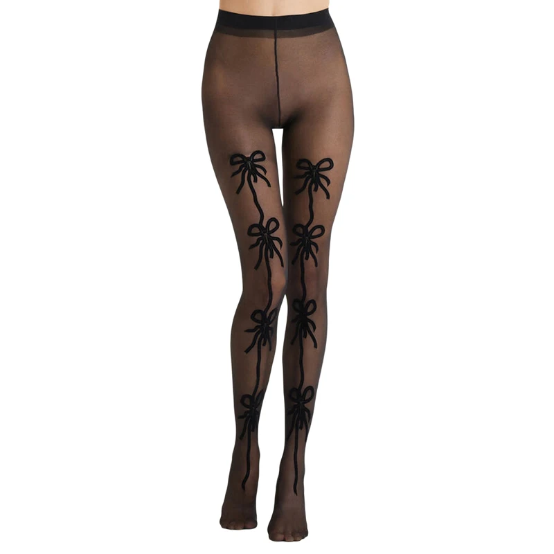 

Women Spring Summer Pantyhose Denier Flocked Pattern Elastic High Waist Mesh See-Through Thin Stockings Stretchy Tights Leggings