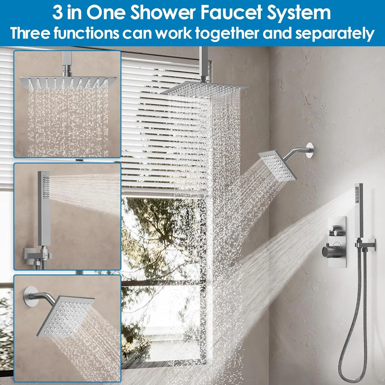 Bathroom Thermostatic Rainfall Shower System: Aposhion Ceiling Mounted Shower Faucet Set - 12