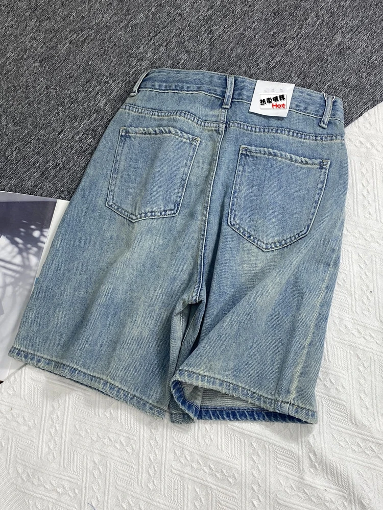 Summer Women Retro Denim Shorts High Waist Hole Ripped Loose Straight Short Pants Versatile Casual Half Pants Female Streetwear