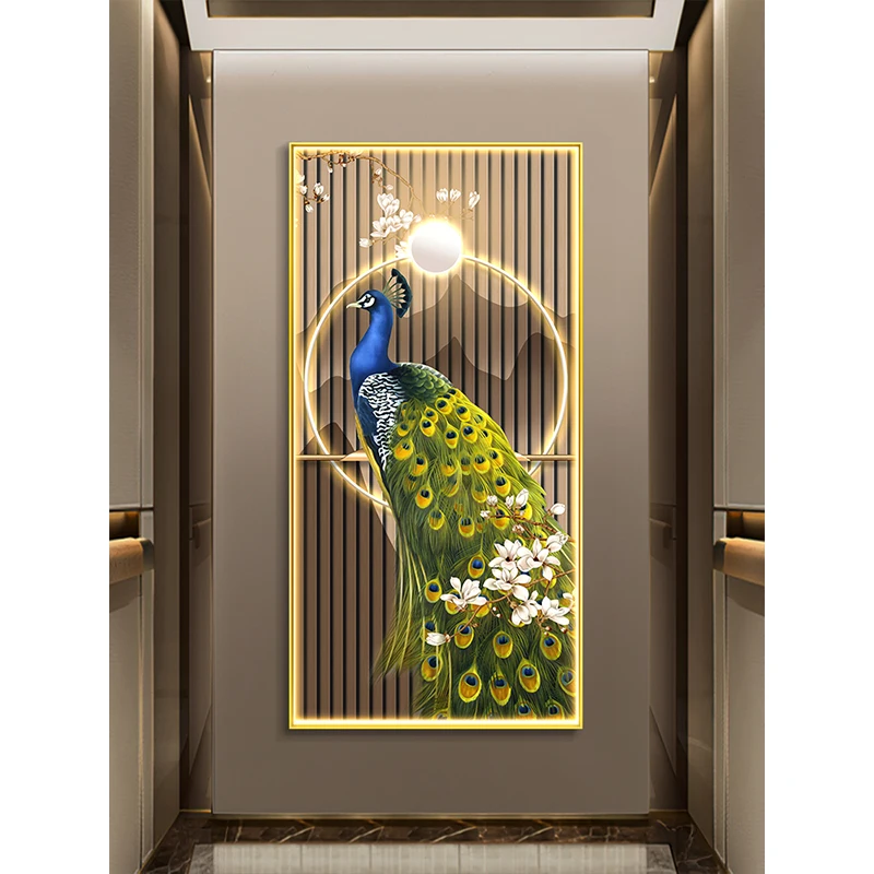 New Chinese Style Luxury Peacock Canvas Painting Wall Art Entrance Decoration Painting Animal Poster for Living Room Porch Decor