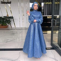 Thinyfull A-line Muslim Glitter Evening Party Dresses Long Sleeves High Neck Engagement Dress Sequin Prom Gown Robe De Soirée