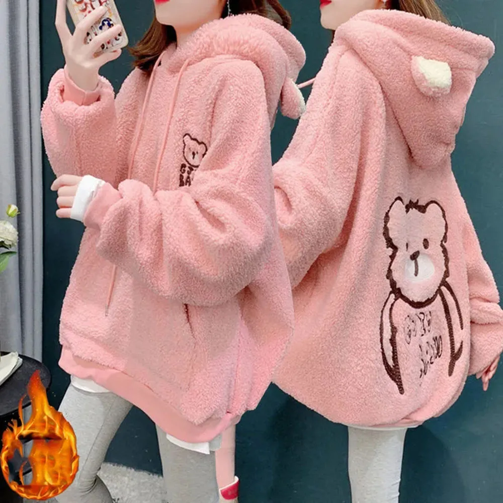 Autumn Winter Lamb Hoodies Women Kawaii Plush Sweatshirt Jacket Casual Warm Hooded Ear Female Cute Bear Print Sweatshirts Coats