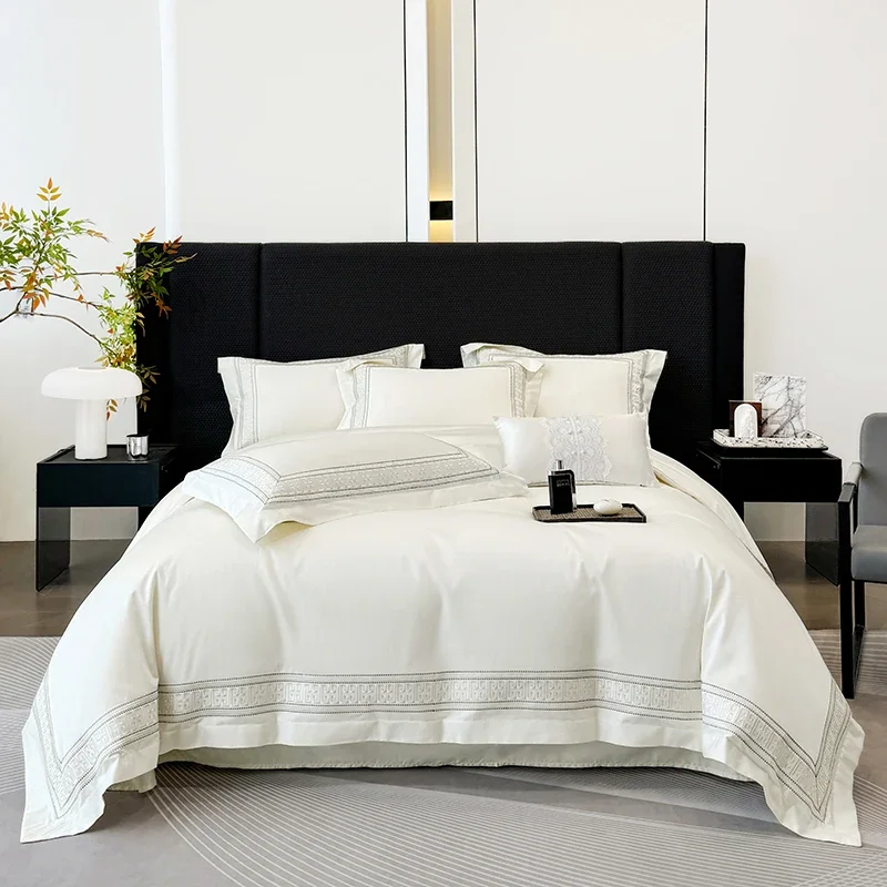 Luxury Embroidery Hotel Style Bedding Set 600TC Egyptian Cotton Simple Style Duvet Cover Flat/Fitted Bed Sheet Pillowcases 4Pcs
