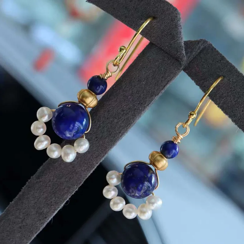 Ethnic Style Round Blue Lapis Lazuli Drop Earrings for Women Vintage Gold Color Metal Geometry Pearl Dangle Earring Jewelry Gift