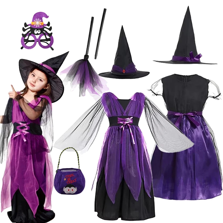 

Girls Witch Vampire Purple Dress With Hat Clothes Sets Carnival Children Halloween Vestidos Party Kids Cosplay Costume