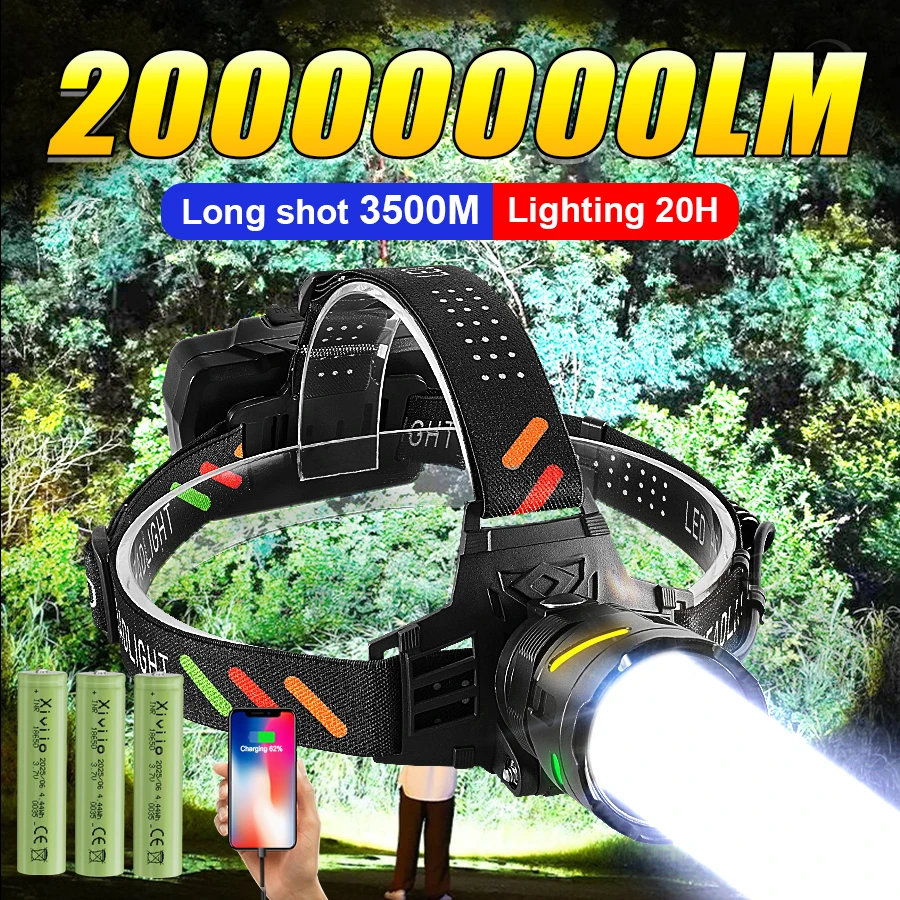 

20000000LM налобный фонарь, самый мощный налобный фонарик дальнего действия, перезаряжаемая лампа, фонарь для рыбалки, водонепроницаемая налобная светодиодная лампа для кемпинга