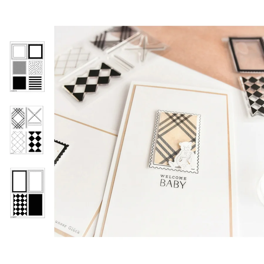 Klare Stempelset mit geometrischer Textur, quadratischer Postrahmen, Punkte- und Streifenmuster für DIY-Scrapbooking und Kartenherstellung