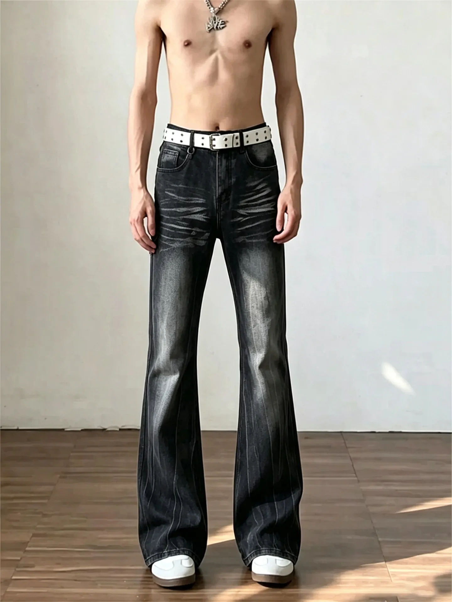 Black Lightning Pattern Flared Jeans Men's Extended Straight Leg High Waist Trousers Long Loose Fit Casual Jeans