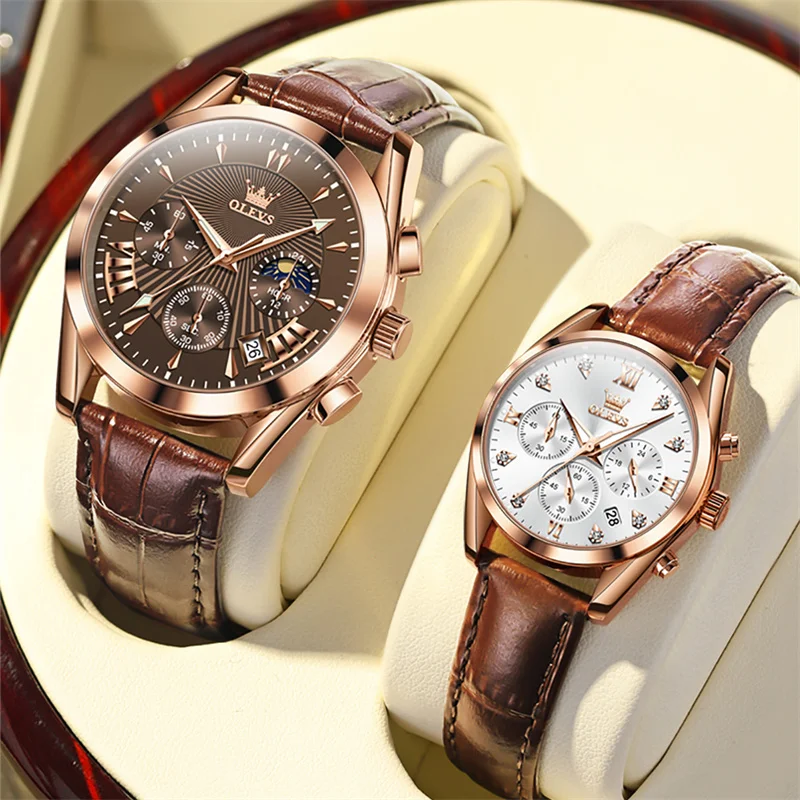 OLEVS New Classic Sets of Watches for Him and for Her Luxury Waterproof Leather Couple Items for Lovers Montre Homme