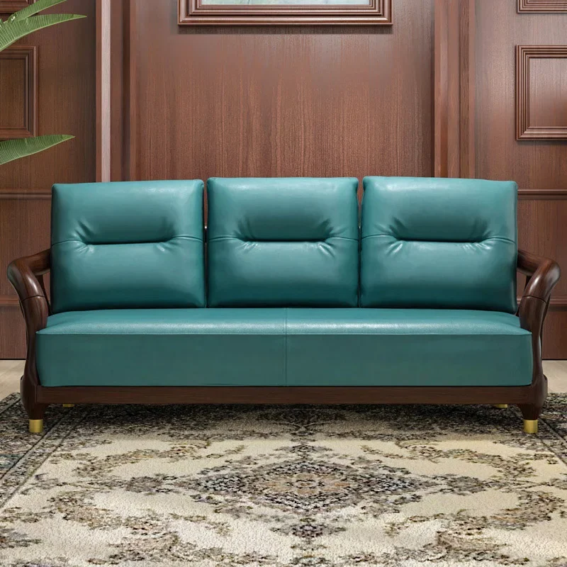 LH log leather sofa simple sandalwood large apartment new Chinese all solid wood leather art