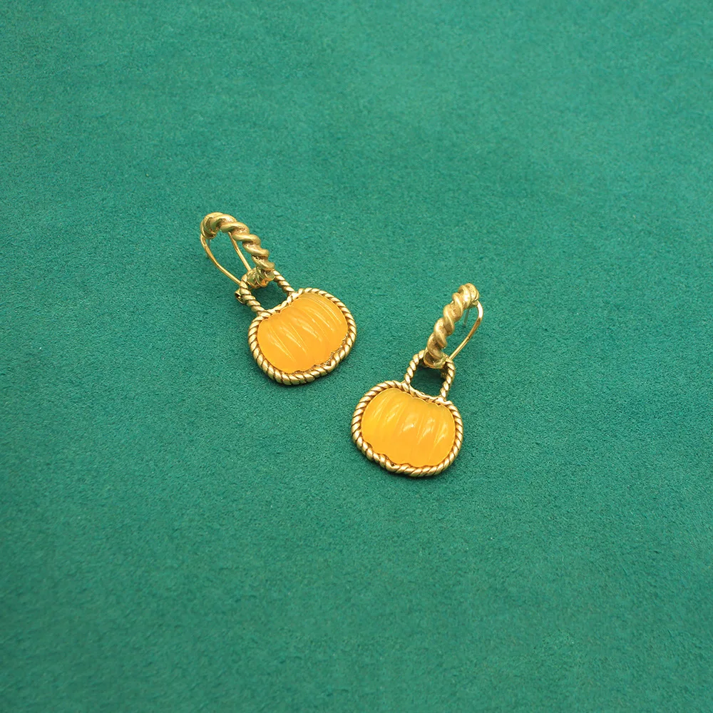 Vintage Amber Pumpkin Earrings with Distressed Cable Knit Texture - Ear Studs