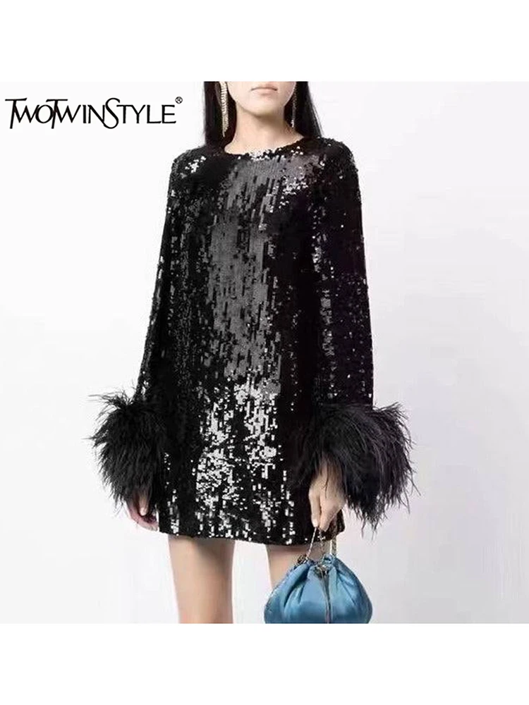 

TWOTWINSTYLE Solid Patchwork Feathers Chic Dresses For Women O Neck Long Sleeve Spliced Sequins Temperament Mini Dress Fashion