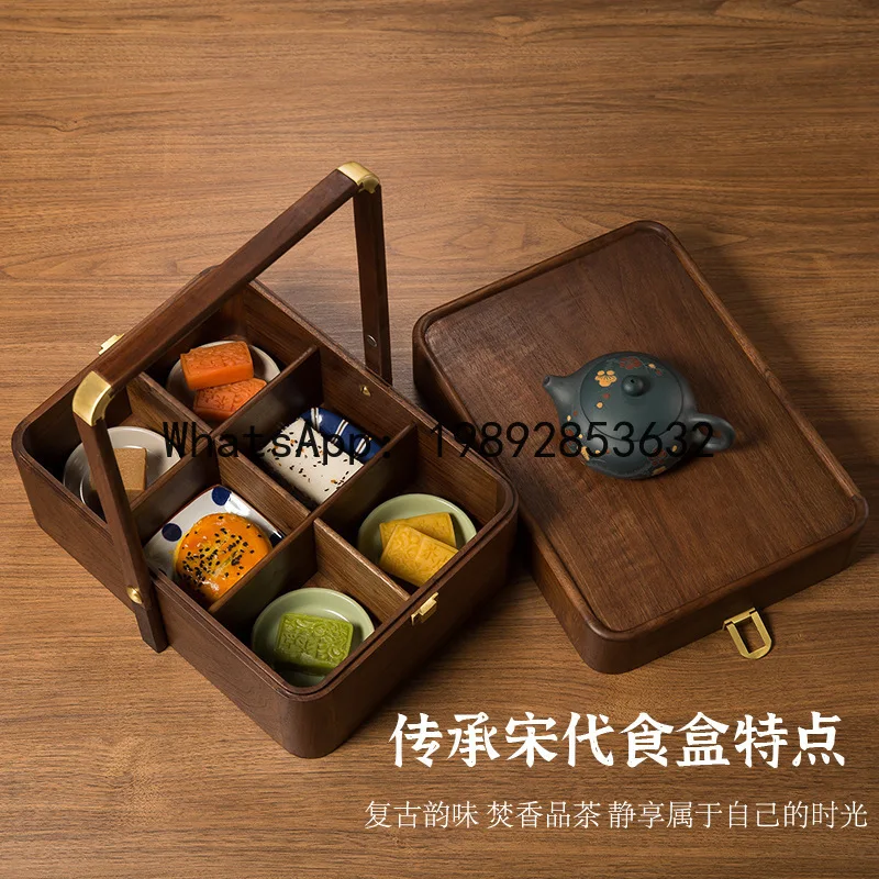 X-22 black walnut solid wood storage box portable fruit box with handle divided into grids new chinoiserie dried fruit box