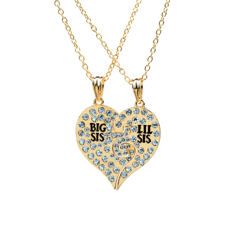 2Pcs/Set Full Crystal Big Little SIS Broken Heart Puzzle Necklace For Girls Best Sister Friends Soul Mate Family Love Gift