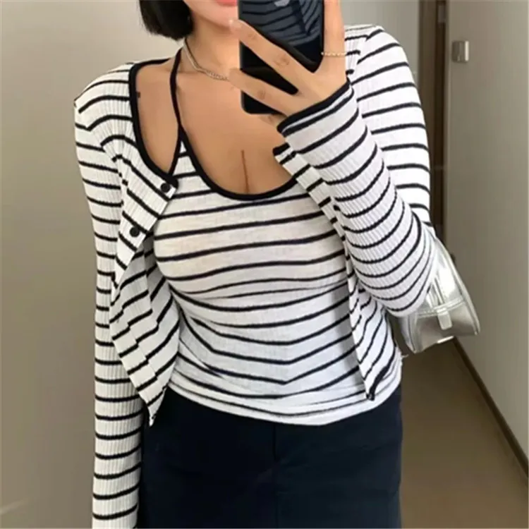 Korean girl group striped long-sleeve outfit  new hot girl style narrow-shoulder camisole + long-sleeve cardigan jacket   MV