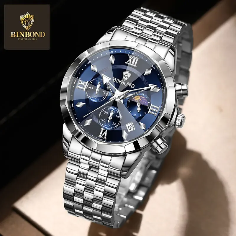 

BINBOND Роскошные мужские часы, оригинальные водонепроницаемые светящиеся хронографы, мужские наручные часы из нержавеющей стали, кварцевые деловые мужские часы