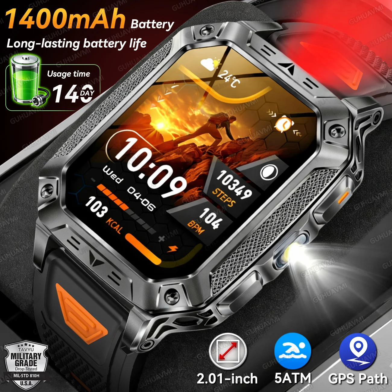 

2026 New Military 1400mAh Battery Smart Watch 2.01" AMOLED Screen GPS path 5ATM Waterproof Call Outdoor Sports hiking Smartwatch