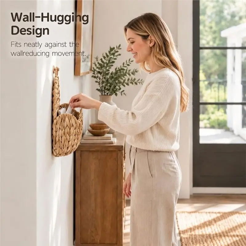 Hot Sale-Water Hyacinth Hanging Basket In Wicker With Handles-Farmhouse Style For Mail, Flowers, Entryway Decoration Wall