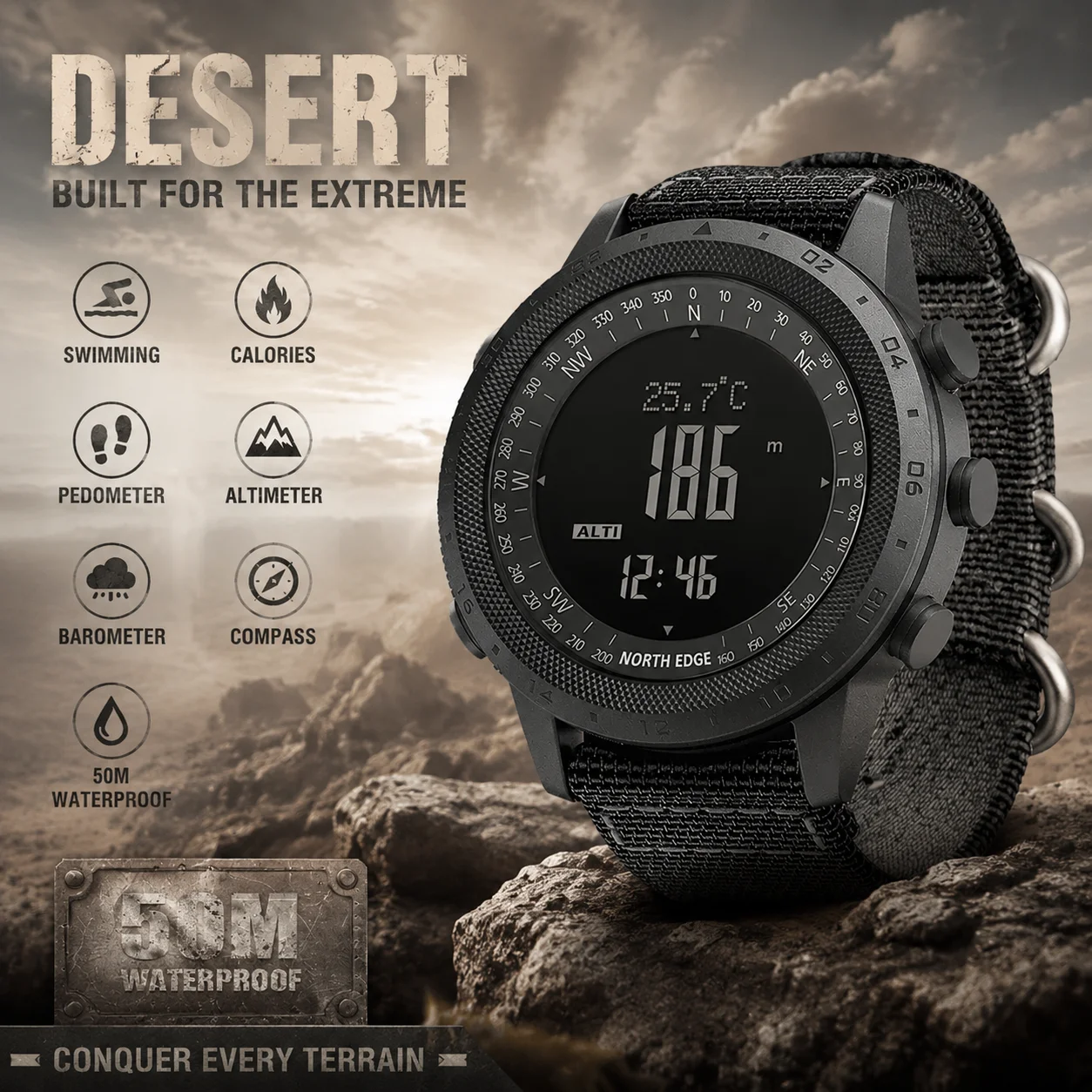 NORTH EDGE DESERT Men Digital Watch Outdoor Sports Running Swimming Outdoor Men Watch Altimeter Barometer Compass Waterproof 50M