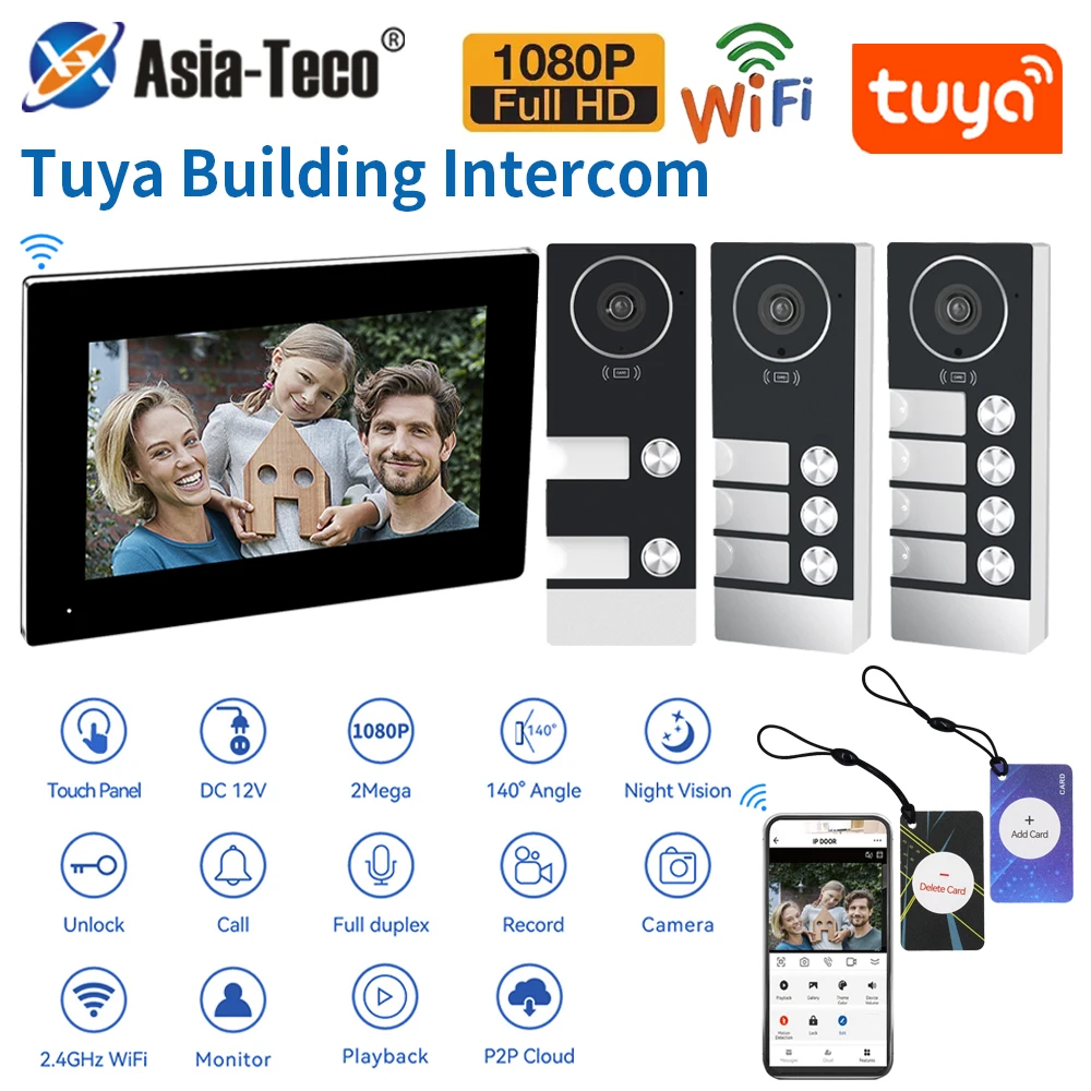 TUYA WiFi Video Doorphone Doorbell Multifamily Building Intercom Kit 10 Inch 1080P Touch Screen Monitor APP/Card Unlock 4-Family