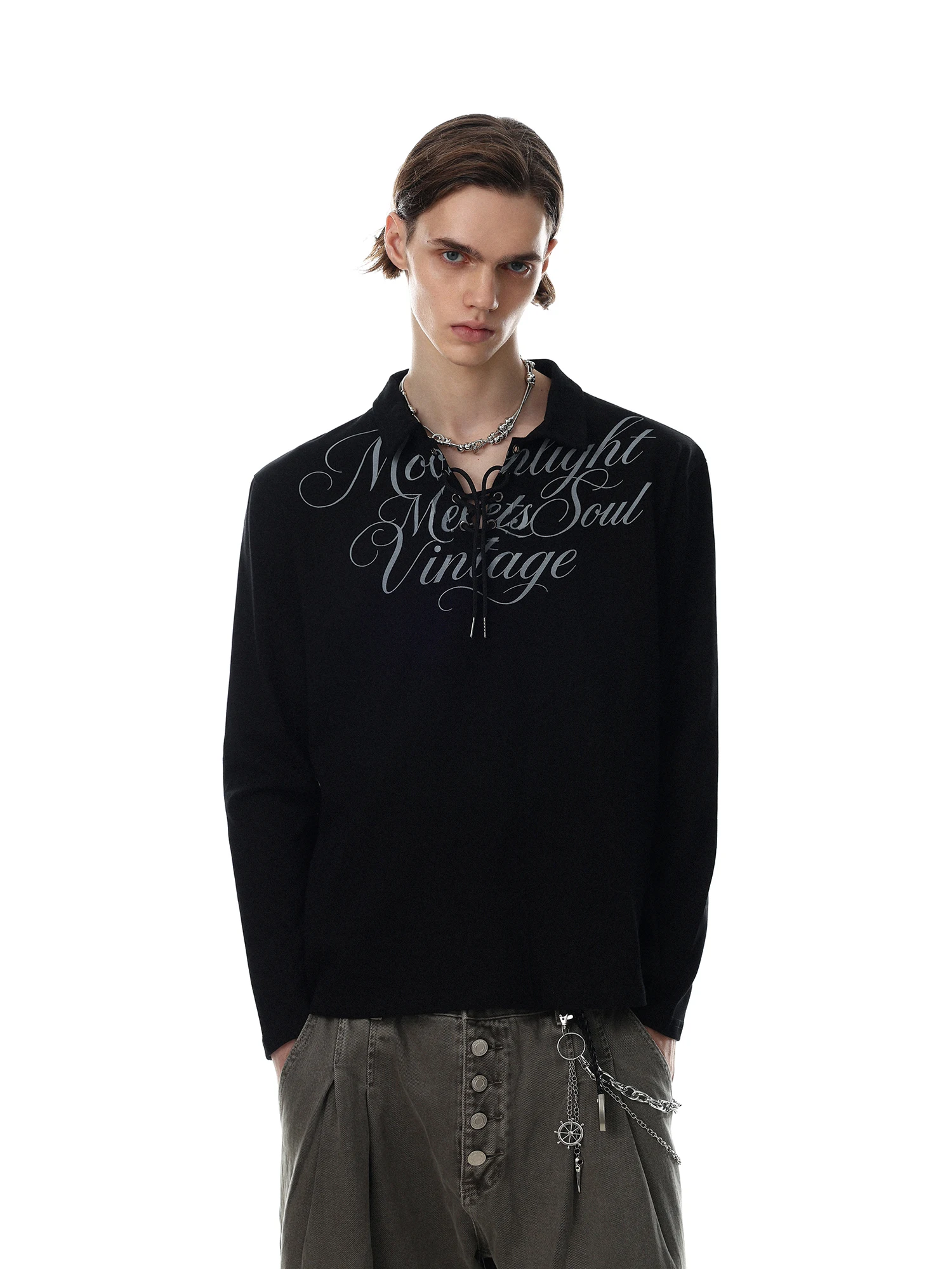 American Street Style Long Sleeve T-Shirt for Men Black Belt Design Printed Casual Loose Fit Cotton Top