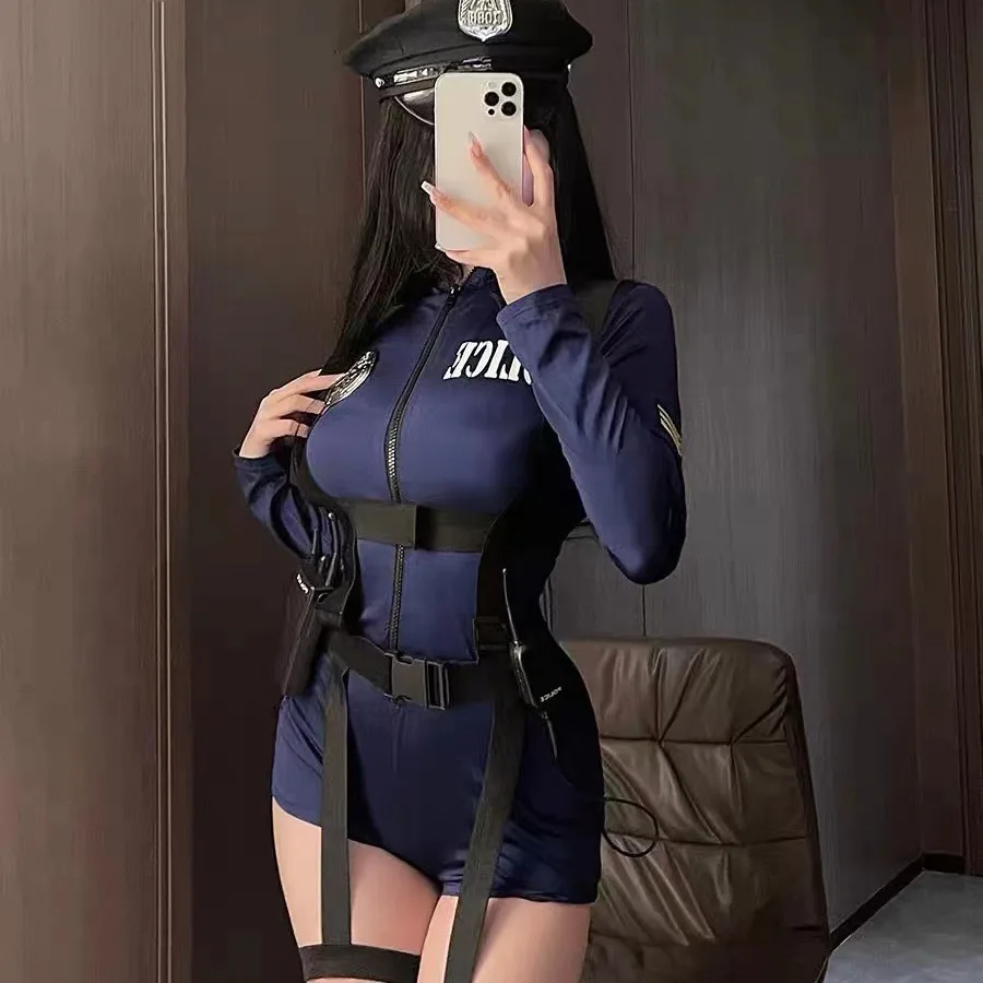 4 Pieces Black Navy Blue Police Women Bodysuit With Bandage Hat Policewoman Camouflage Tight Sexy Cosplay Costume Uniform Set