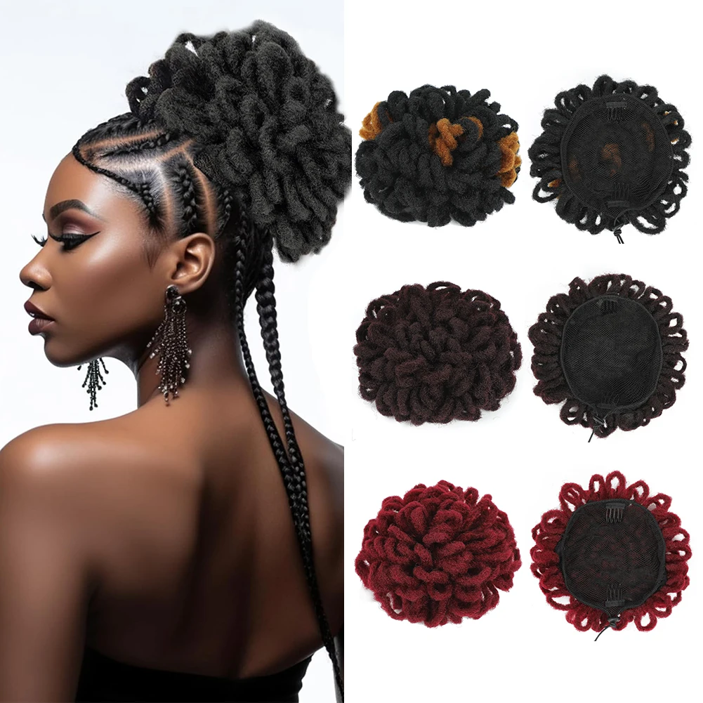 Dreadlocks Bun Synthetic Clip in Hair Extensions Afro Puff Drawstring Ponytail Hairpiece 8 Inch High Puffs Bun for Black Women