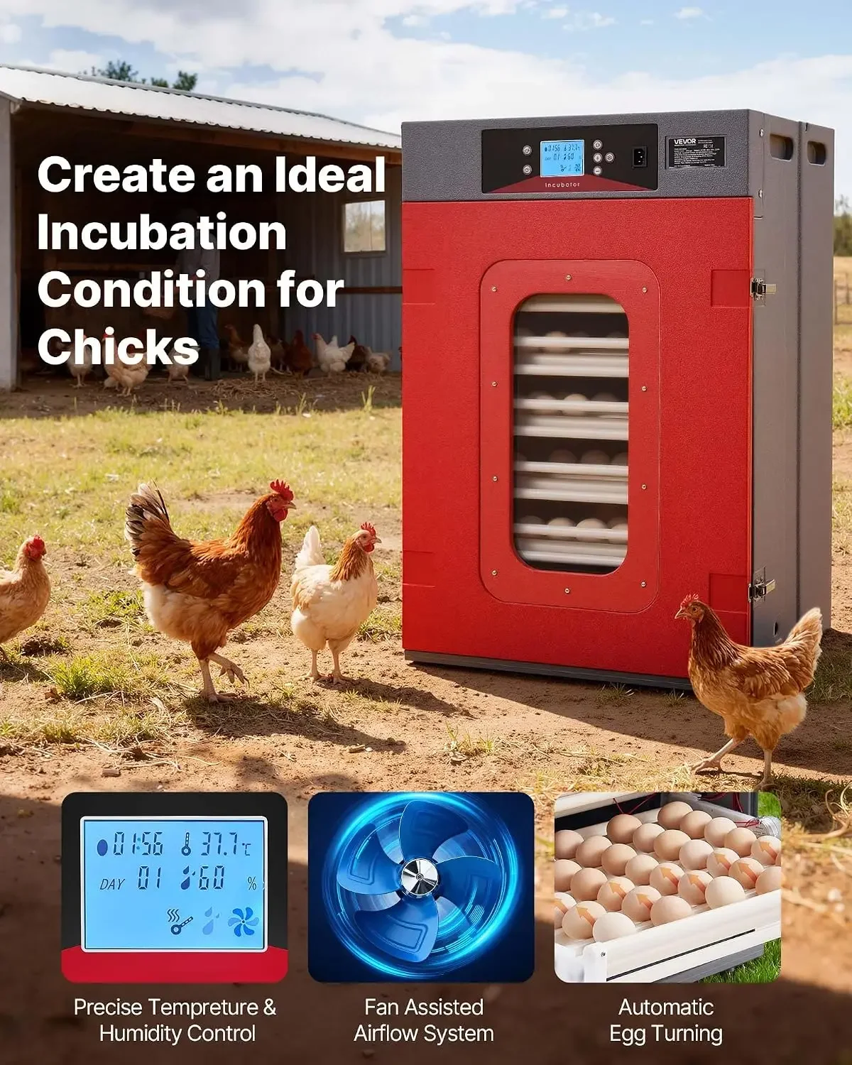 400 Egg Incubator, Poultry Incubator Cabinet with Automatic Eggs Turning, Temperature & Humidity Control, Heating & Cooling Egg